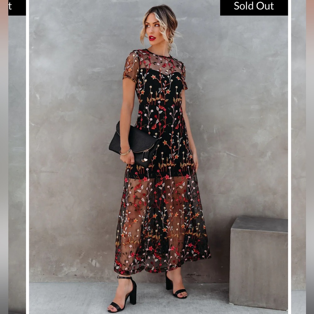 IMMEASURABLE JOY EMBROIDERED MESH MAXI DRESS - BLACK VICI COLLECTION